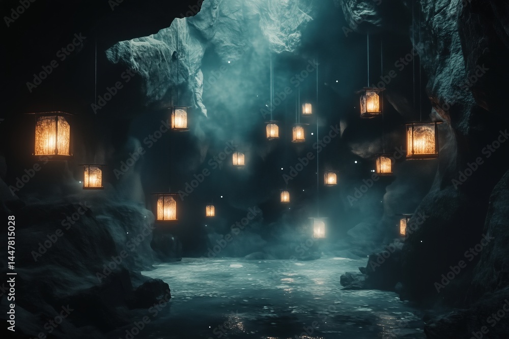 Fototapeta premium dark abandoned mine flickering lanterns
