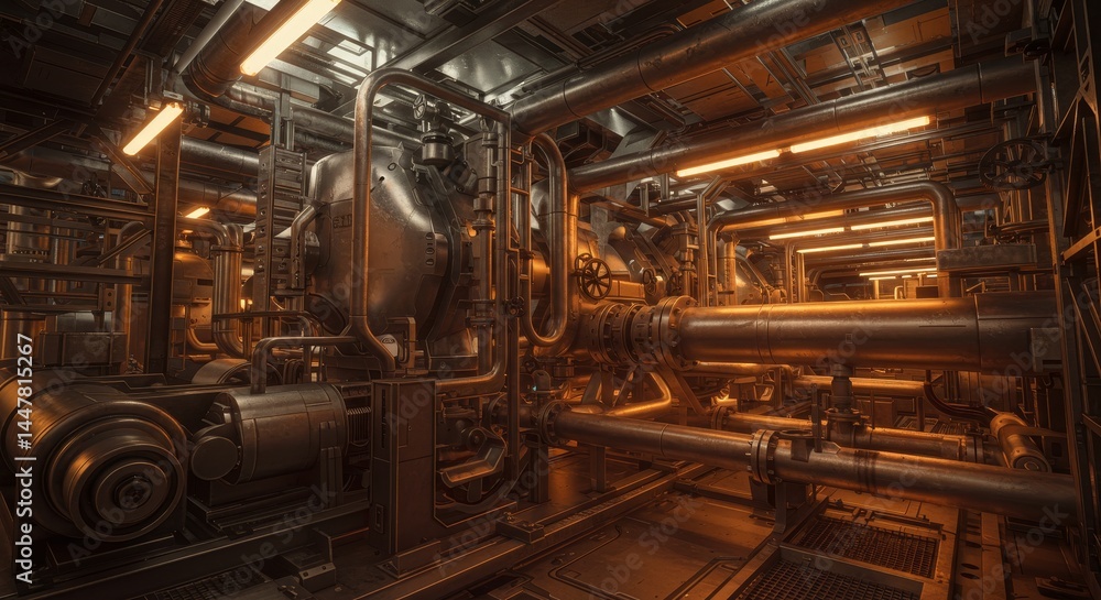 Industrial Pipeline System with Glowing Orange Lights - Advanced manufacturing, automation engineering, high-tech infrastructure, intricate mechanics, futuristic technology Industrial Pipeline System with Glowing Orange Lights - Advanced manufacturing, automation engineering, high-tech infrastructure, intricate mechanics, futuristic technology