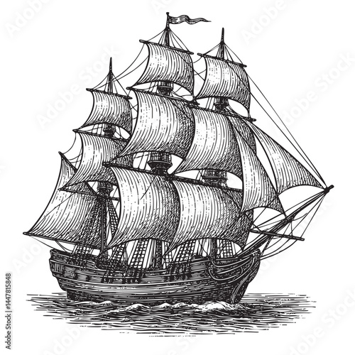 classic sailing ship in full sail woodcut engraving vector illustration