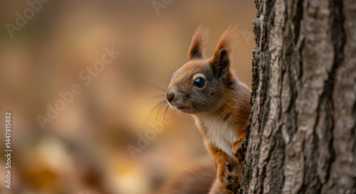 Eurasian Red Squirrel peeking from behind a tree trunk, autumnal background