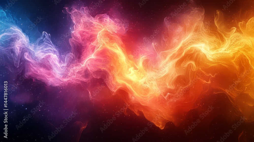 Obraz premium Vibrant cosmic swirl of colorful nebula gases, blending hues of blue, pink, and orange, creating a mesmerizing abstract backdrop for creative projects.