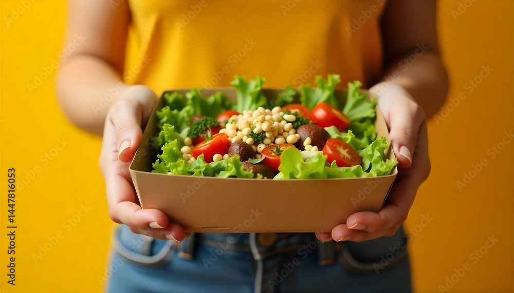 cropped view of woman holding lunch box with salad in hands on yellow background cropped view of woman holding lunch box with salad in hands on yellow background