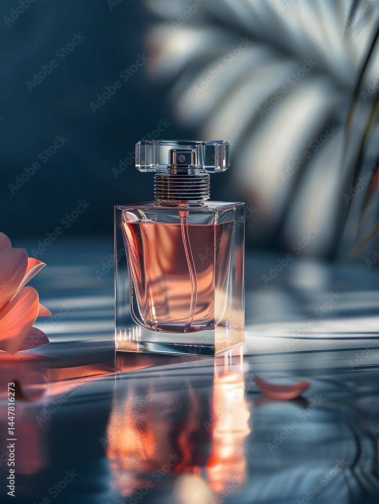 A clear perfume bottle with a floral element, reflecting soft light and shadows.