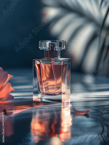 Obraz na płótnie A clear perfume bottle with a floral element, reflecting soft light and shadows. w salonie