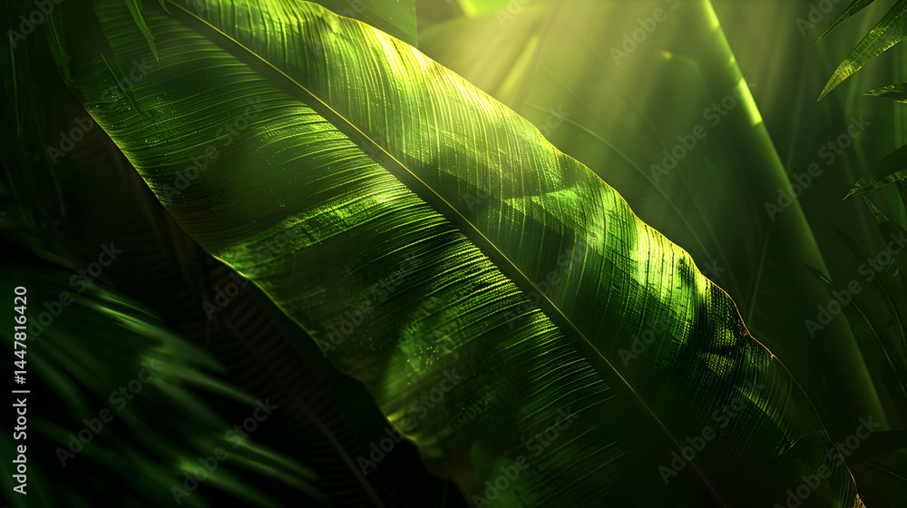 A close-up of a vibrant green banana leaf illuminated by soft light.