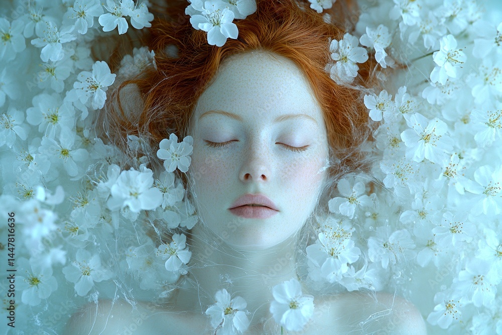 Spring mood, golden sunrise and fog. Commercial promotion creative. Stunning caucasian young woman surrounded by cherry blossoms. Woman surrounded by vibrant cherry blossoms.