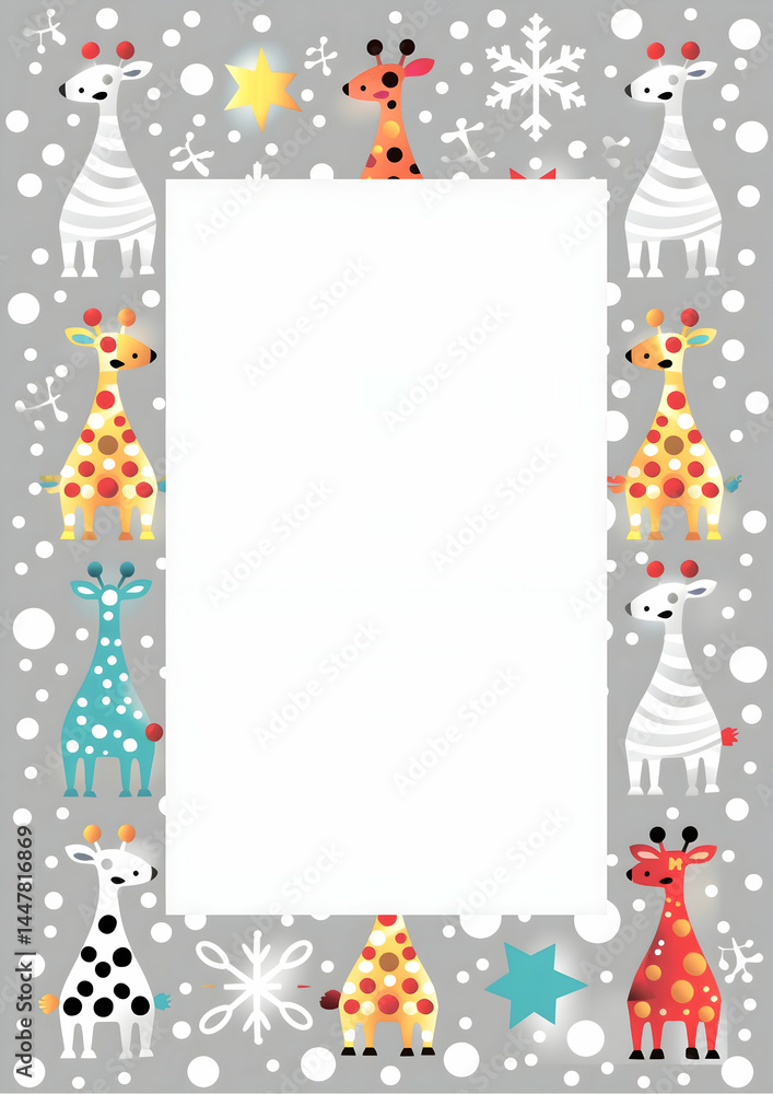 A colorful border featuring playful giraffes on a gray background, ideal for notes.