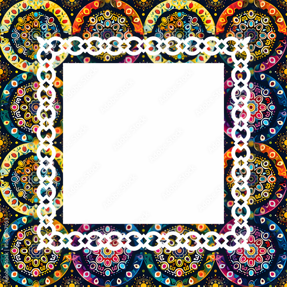 A colorful decorative frame with a blank center for text or images.
