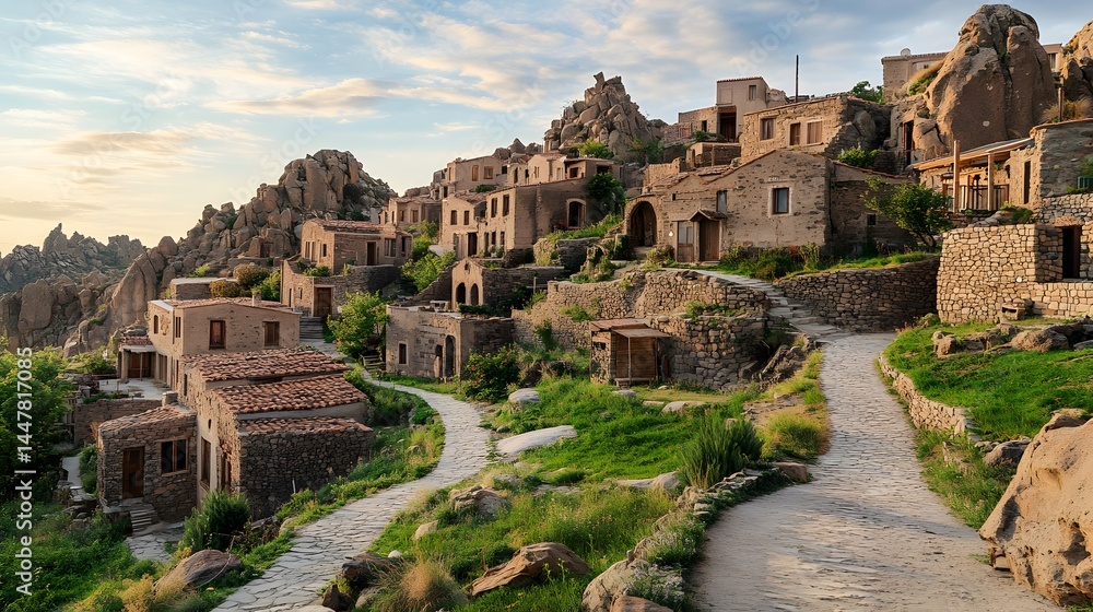 Obraz premium Ancient Village on the Hills: A timeless village nestles harmoniously in a picturesque mountainous landscape, evoking the charm of a simpler era.