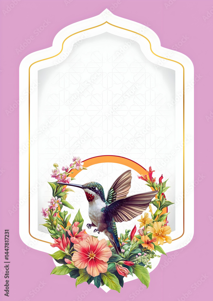 A colorful illustration featuring a hummingbird surrounded by vibrant flowers.
