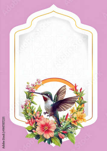 Obraz na płótnie A colorful illustration featuring a hummingbird surrounded by vibrant flowers. w salonie