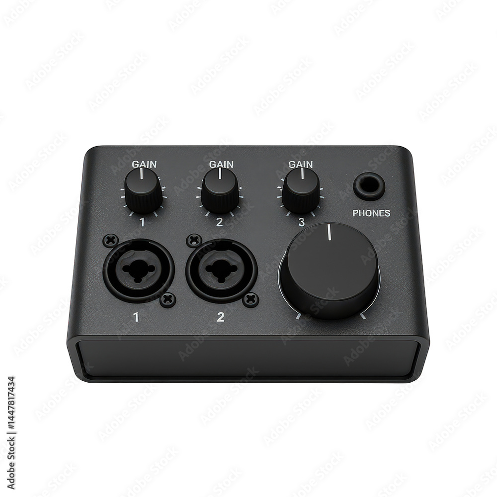 Small black audio interface unit offering multiple input connections and intuitive control knobs for sound recording. Small black audio interface unit offering multiple input connections and intuitive control knobs for sound recording.