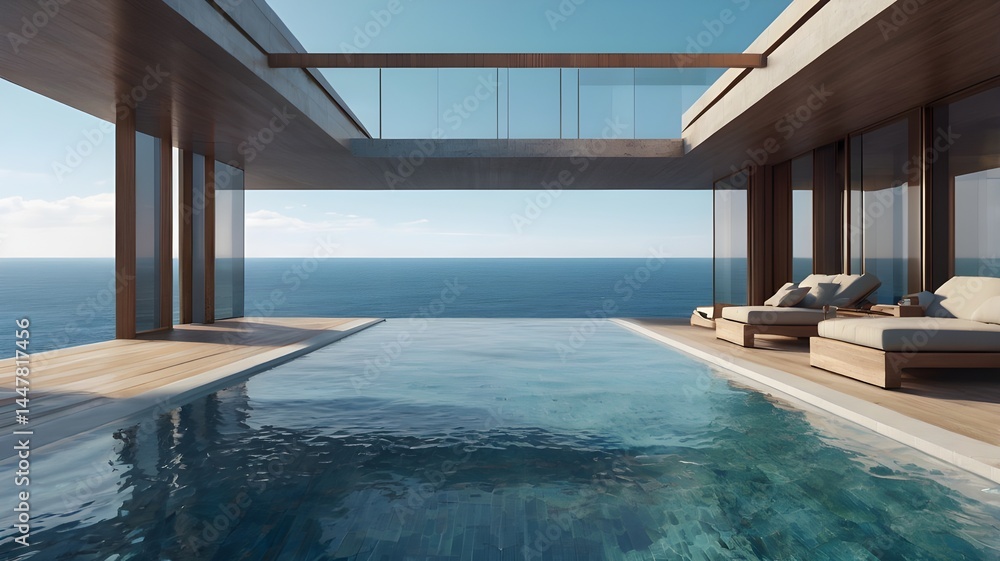 Fototapeta premium Perspective of modern luxury building with terrace and swimming infinity pool on sea view background,Idea of family vacation. 3D rendering,Generative Ai 