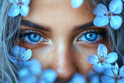 Obraz na płótnie Commercial ad campaign pattern. Spring mood, dark night and warm mystic light - complementary lighting. Stunning caucasian young woman surrounded by cherry blossoms. w salonie