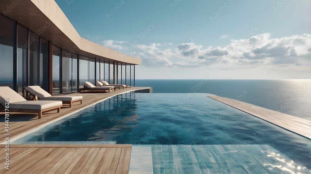 Fototapeta premium Perspective of modern luxury building with terrace and swimming infinity pool on sea view background,Idea of family vacation. 3D rendering,Generative Ai 