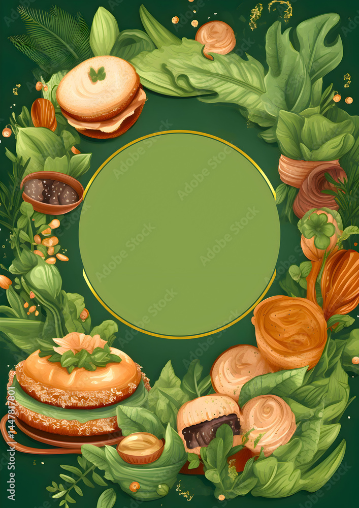 A decorative food-themed border with various dishes and greenery.