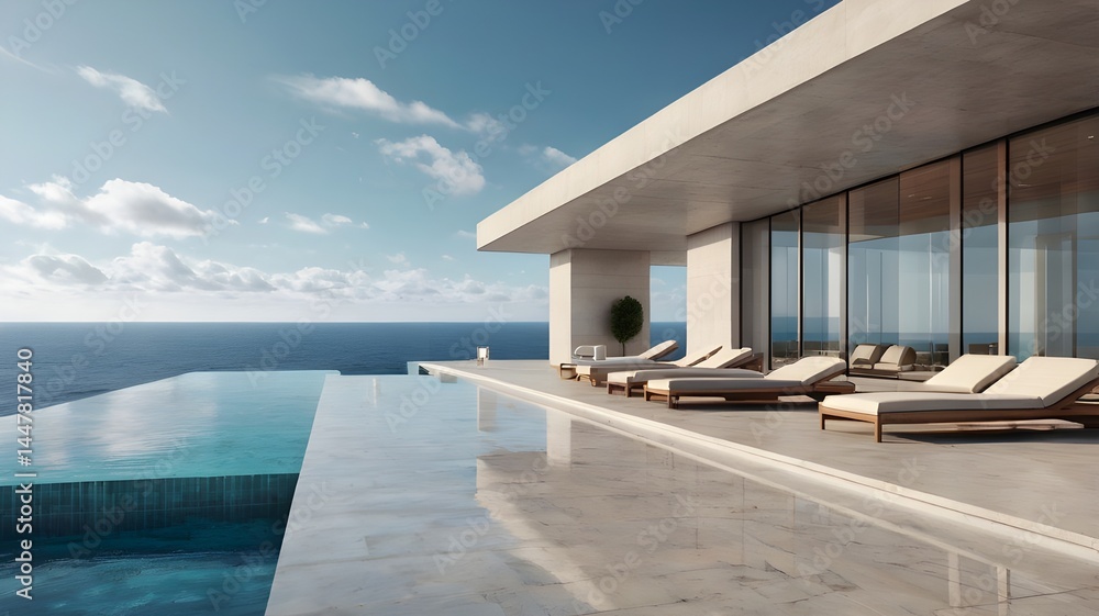 Fototapeta premium Perspective of modern luxury building with terrace and swimming infinity pool on sea view background,Idea of family vacation. 3D rendering,Generative Ai 