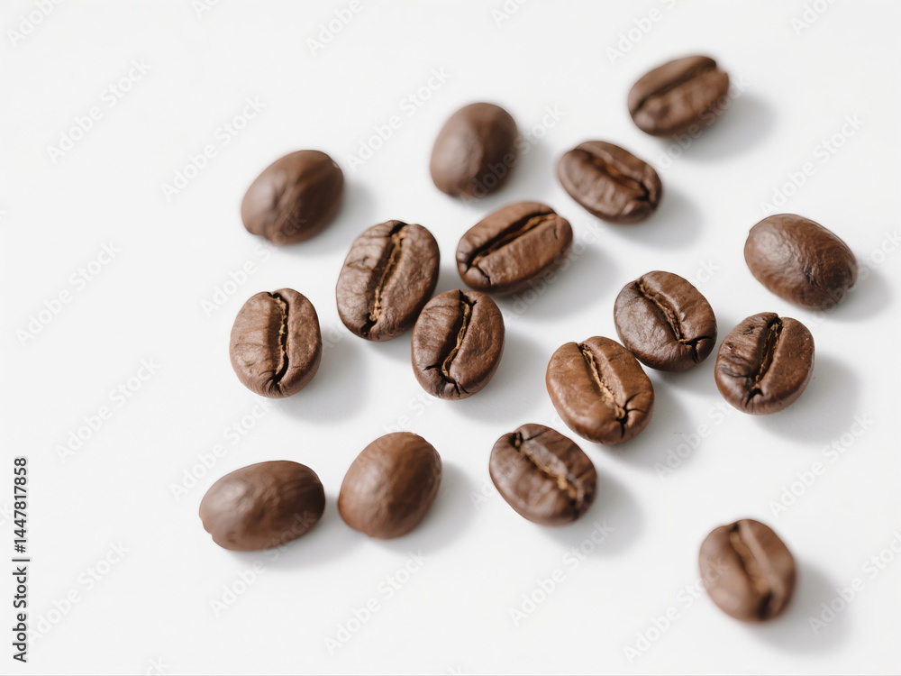 group of beans on white, brown coffee beans isolated on white background, top view