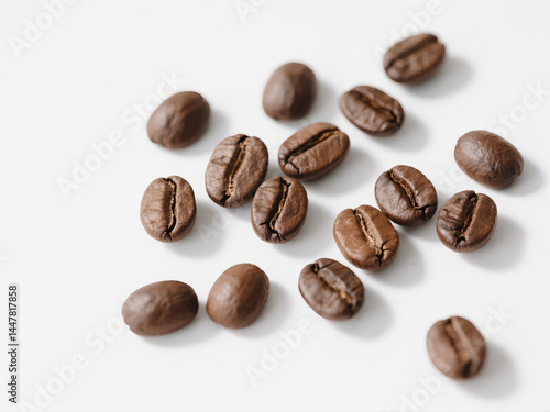 group of beans on white, brown coffee beans isolated on white background, top view