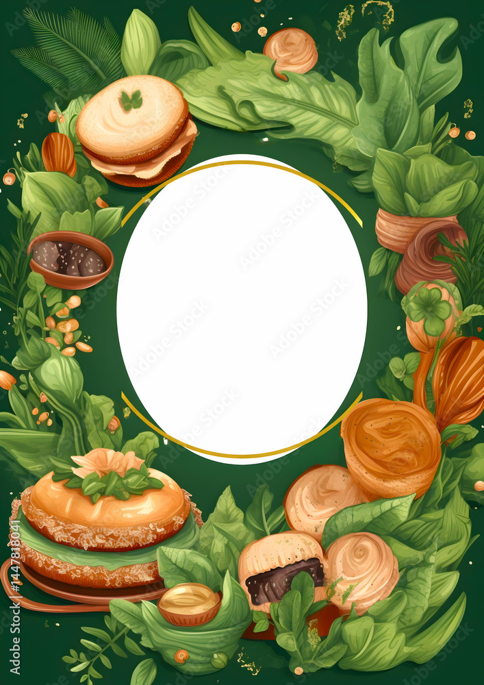 A decorative food-themed wreath with various dishes and an empty center for text.