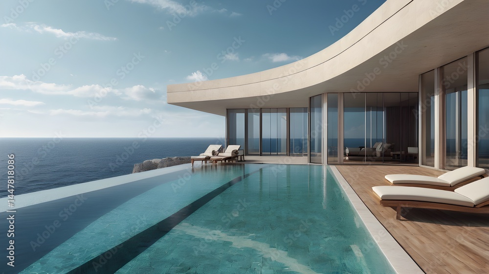 Fototapeta premium Perspective of modern luxury building with terrace and swimming infinity pool on sea view background,Idea of family vacation. 3D rendering,Generative Ai