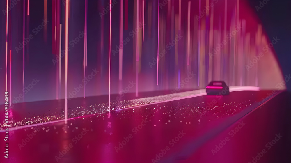 A futuristic scene with a car on a glowing road under colorful light trails.