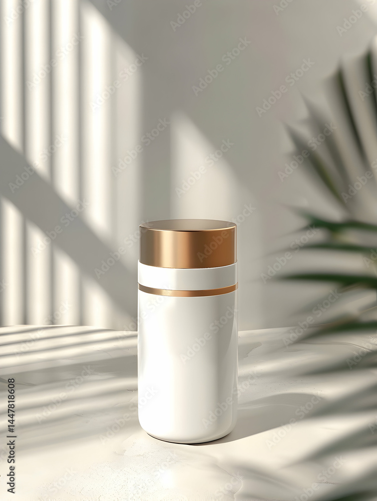 A minimalist white jar with a gold lid, casting shadows in a bright, serene space.