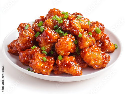 A plate of orange chicken with green onions and scattered sesame seeds on a white background