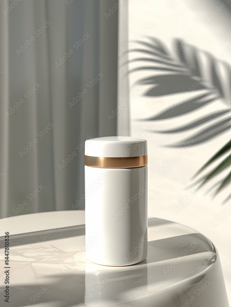 A sleek, white container with a gold band, casting shadows in a bright setting.