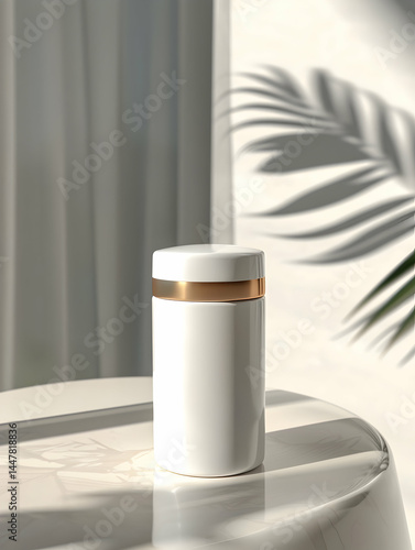Obraz na płótnie A sleek, white container with a gold band, casting shadows in a bright setting. w salonie