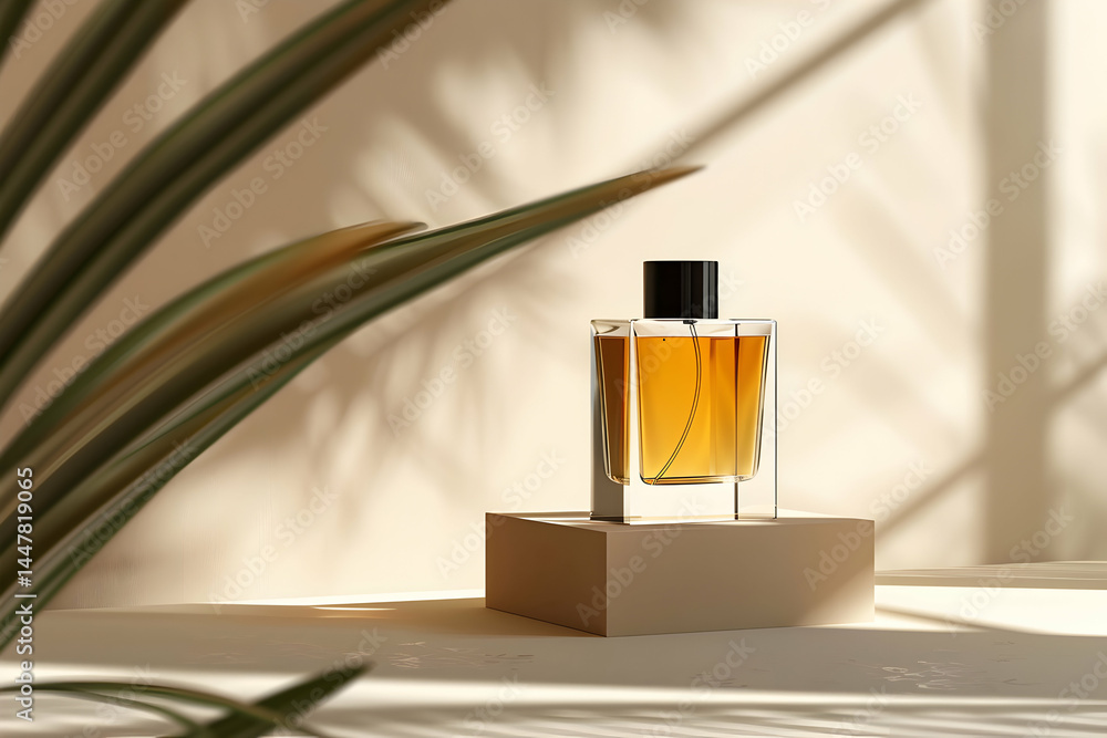 A stylish perfume bottle displayed on a pedestal with soft shadows.