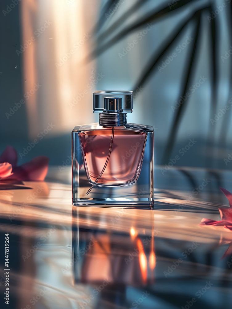 A stylish perfume bottle surrounded by floral elements and soft lighting.