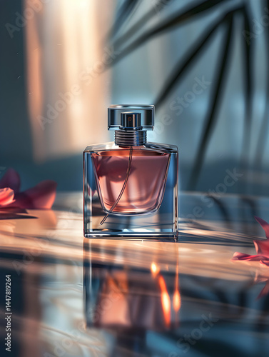 Obraz na płótnie A stylish perfume bottle surrounded by floral elements and soft lighting. w salonie