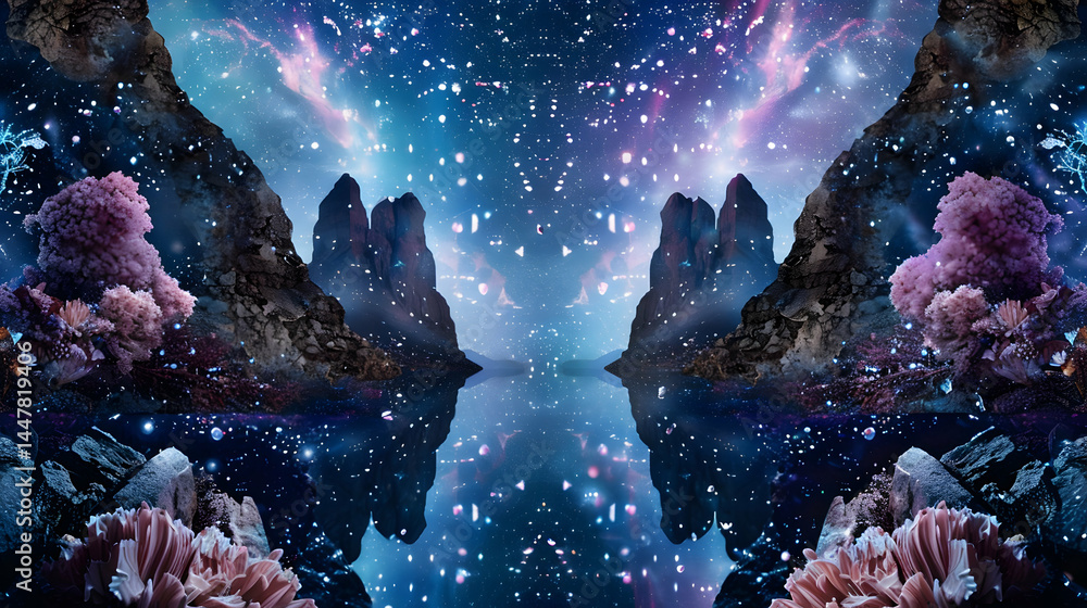 A surreal cosmic landscape with mountains, water, and vibrant celestial elements.