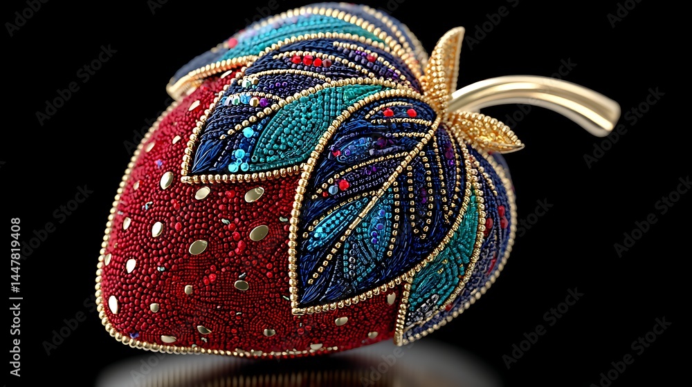 Fototapeta premium Exquisite Beaded Strawberry Artwork Red Blue Gold Jewel toned Handmade Craft