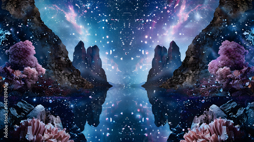 Obraz na płótnie A surreal cosmic landscape with mountains, water, and vibrant celestial elements. w salonie