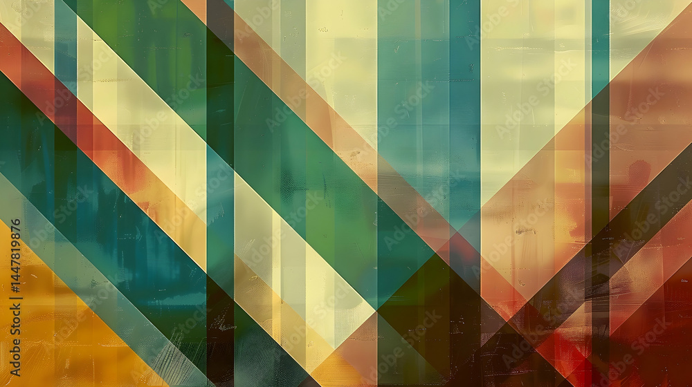 A vibrant abstract composition featuring geometric shapes and layered colors.