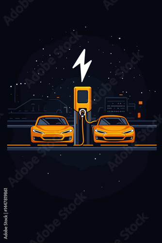 Two orange electric cars charging at night in a sleek style.