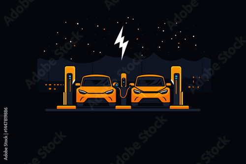 Two orange electric cars charging at night in a sleek style.