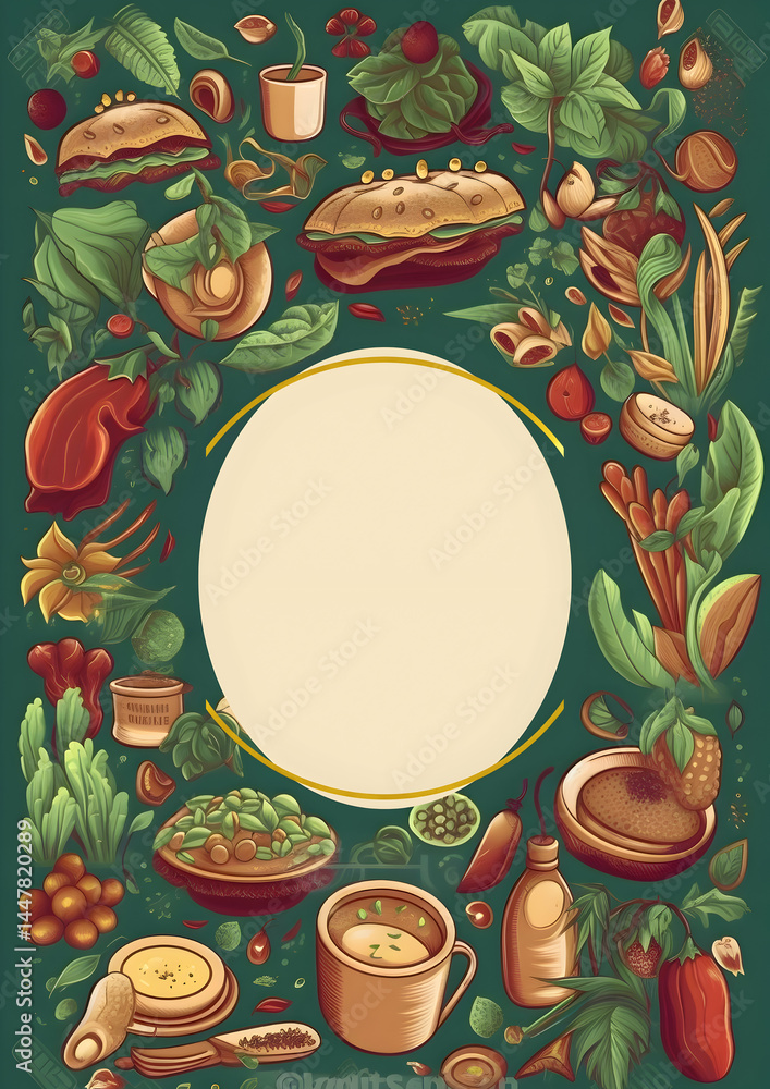 A vibrant illustration of various foods and ingredients, framed for a recipe or menu.