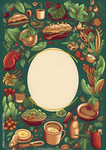 Obraz na płótnie A vibrant illustration of various foods and ingredients, framed for a recipe or menu. w salonie