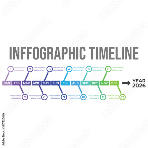Colorful diagram and timeline schedule design. Timeline infographic for business management and presentation. Twelve Months modern Timeline diagram design with different colors and step sections.