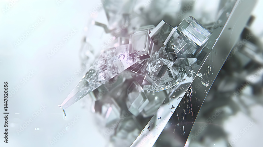 Abstract crystalline structure with sharp edges and reflective surfaces.