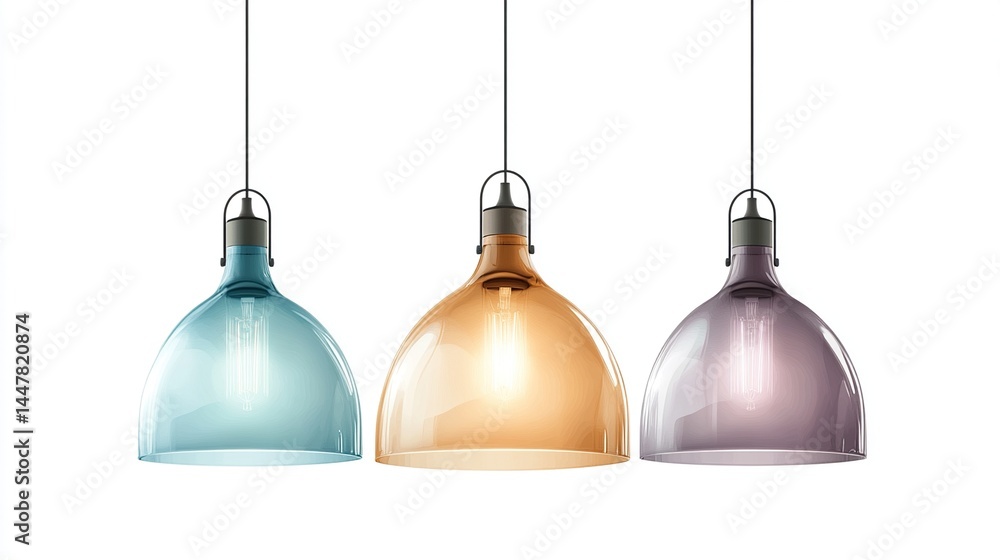 Three modern pendant lights in teal, amber, and purple glass. Three modern pendant lights in teal, amber, and purple glass.