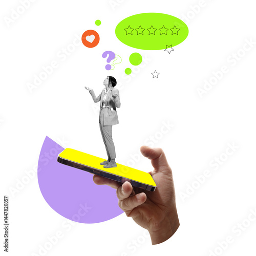 Black and white woman on smartphone reacts with confusion to five-star rating and colorful bubbles. Confusion in evaluation. Concept of testimonial, marketing, business. Contemporary art collage.