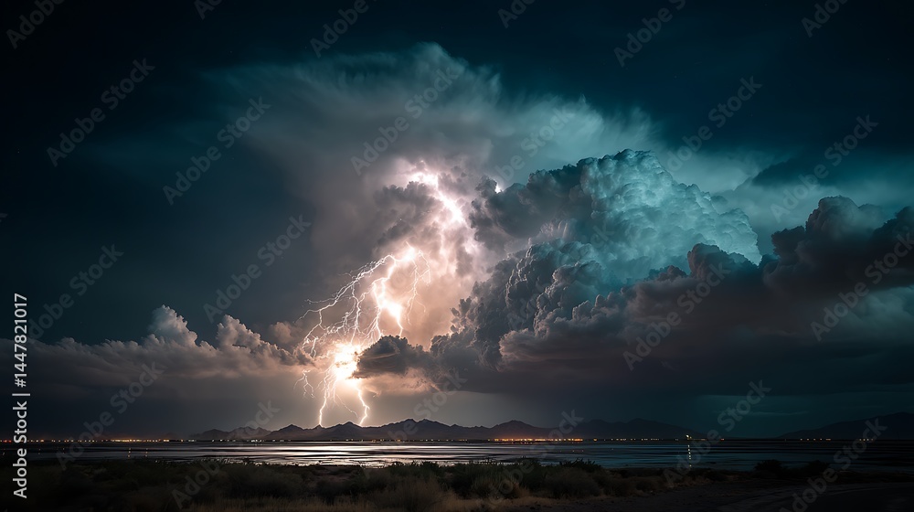 Electric storm rages over a distant mountain range Electric storm rages over a distant mountain range