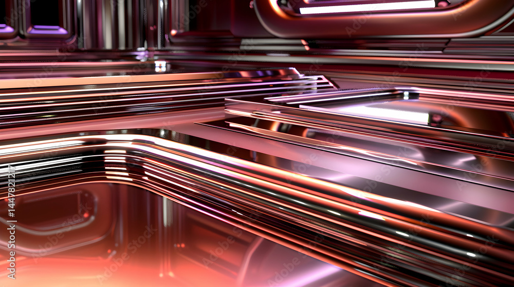 Abstract metallic design with reflective surfaces and intricate patterns.