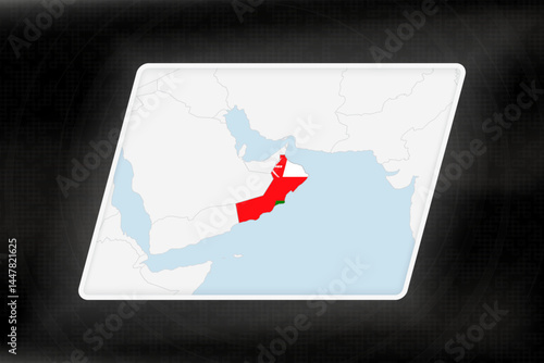 Oman Highlighted in Flag Colors on Geographic Map.