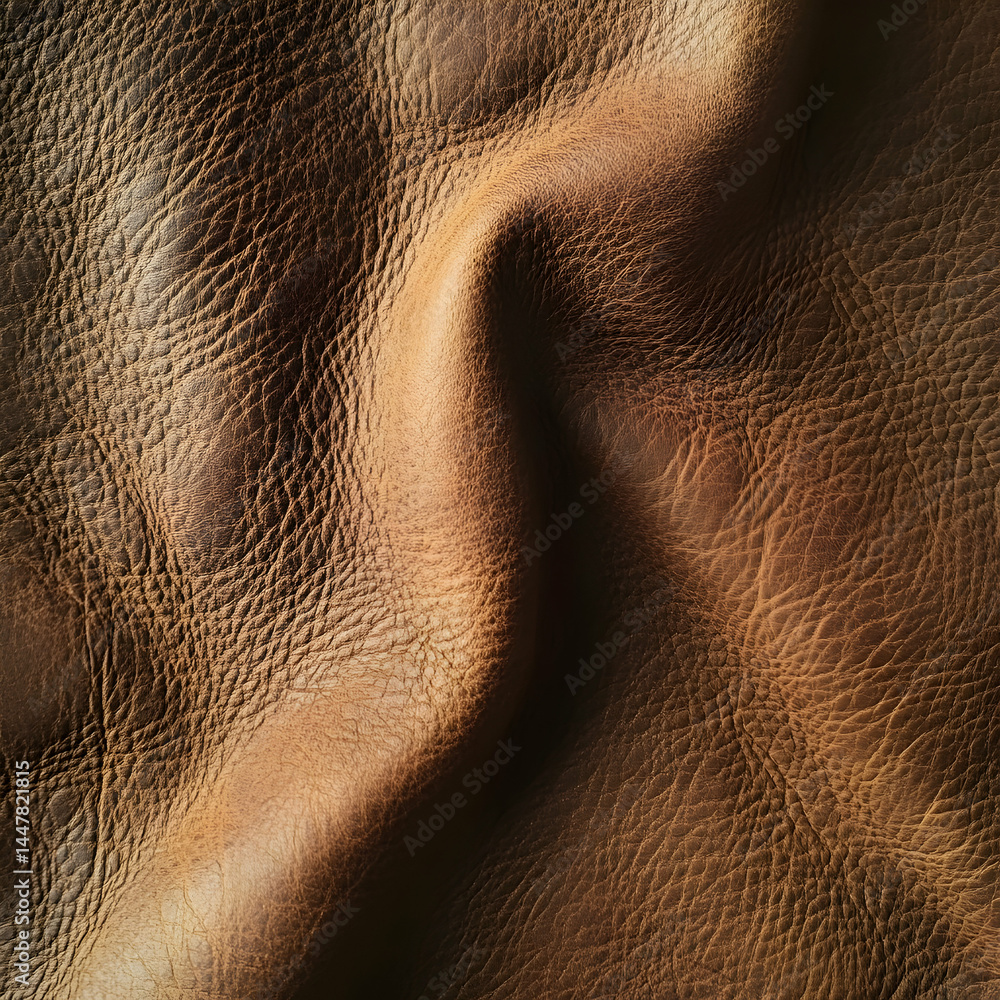 Close-up of textured brown leather, showcasing its natural patterns and folds.