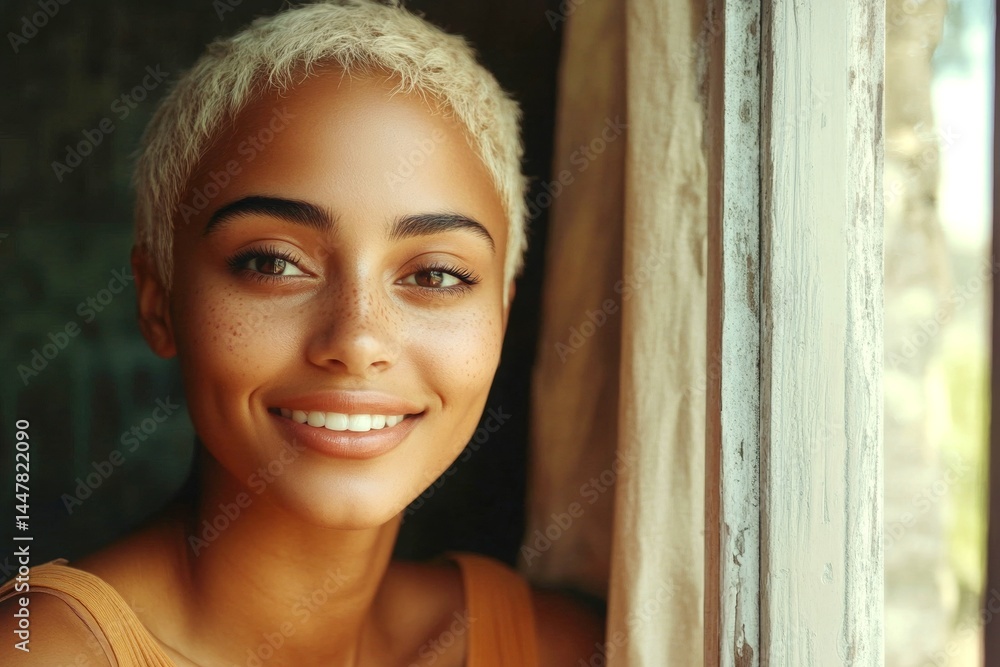 Commercial marketing conceptual art. Lovely smiling mixed-race girl - for ads, flyer and internet marketing use. Short haircut - blond hair. African american beauty ads. Vibrant hair colors.